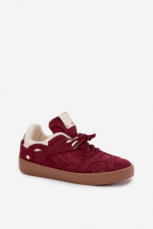 Sneakers Stilvollllschuhe Feminin mit einer Plattform sich Zuarm laufen mit Fell innen Burgund Solvia