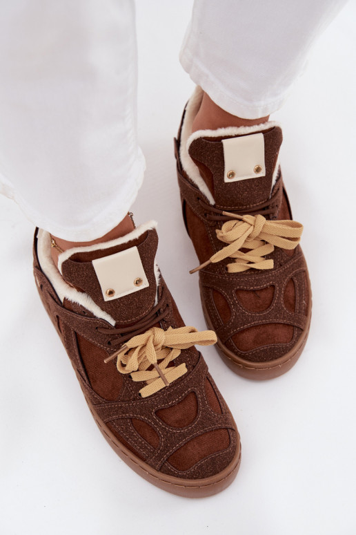 Sneakers model schoenen Dames met platform opInarmen met bont erin bruine kleur Solvia