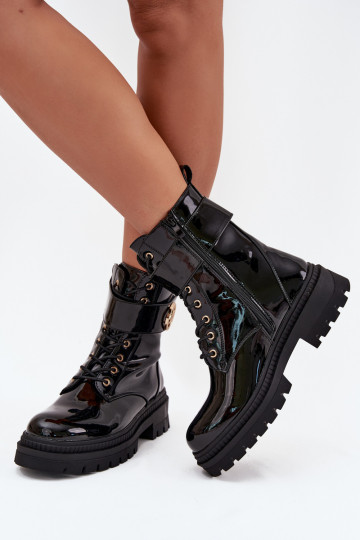 avec effet vernis Bottines de travail Féminin Ze couleur doréem Detalem réchauffer couleur noire Fiorena 2