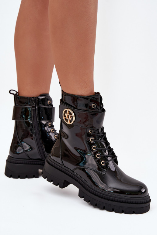 avec effet vernis Bottines de travail Féminin Ze couleur doréem Detalem réchauffer couleur noire Fiorena