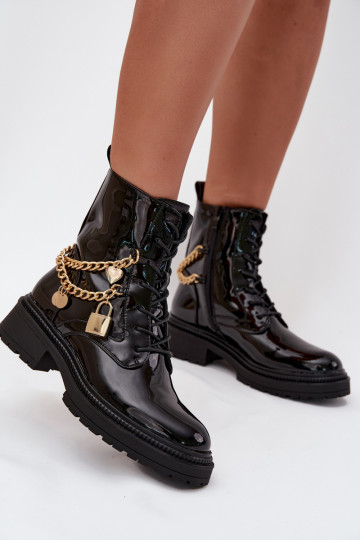 avec effet vernis Bottines de travail Féminin Ze couleur doréem Avec chaîne réchauffer couleur noire Sarinae