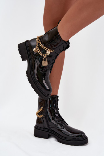 avec effet vernis Bottines de travail Féminin Ze couleur doréem Avec chaîne réchauffer couleur noire Sarinae 2