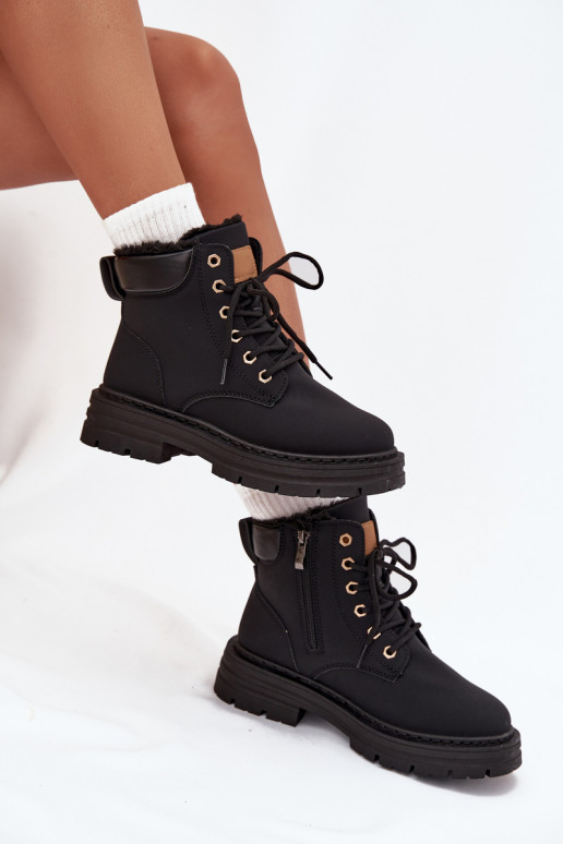 Schuhe Feminin sich Zuarm laufen mit Fell innen Zum Schloss schZuarze Farbe Tharika