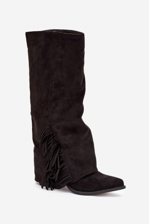 Schlüpf-Damen Cowboy-Stiefel mit Fransen und Absatz, schwarz Zalia