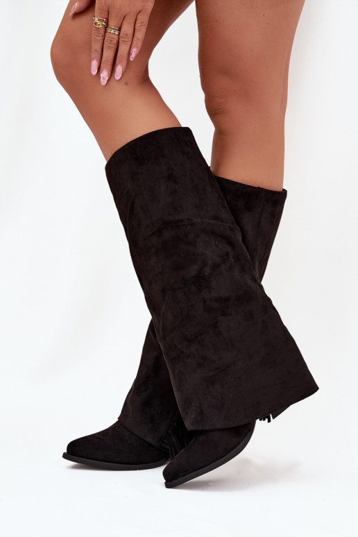 Bottes femme style cowboy à enfiler, avec franges et talons, noires Zalia
