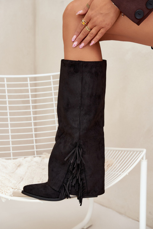 Bottes femme style cowboy à enfiler, avec franges et talons, noires Zalia