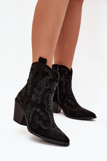 Verwarmde dames cowboy-stijl enkellaarsjes met decoratie, zwarte kleur Lelira
