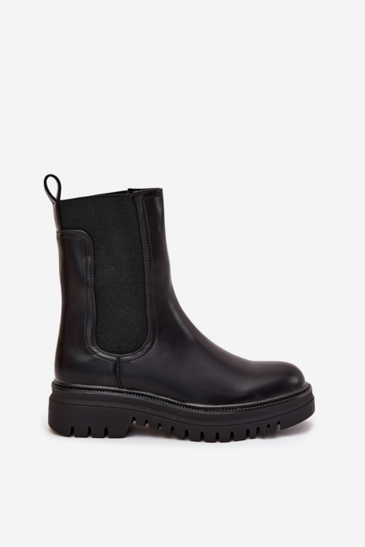 Stilvolle Damen Stiefeletten mit Plattform und flachem Absatz, Schlupfmodell, in Schwarz Ravessa