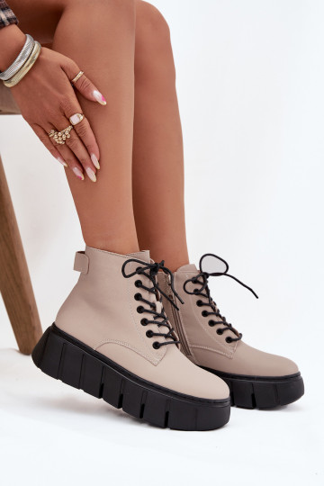 Beige gefütterte Leder-Damenstiefeletten mit Plateausohle Vinceza 66803