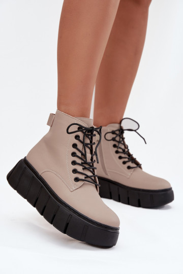 Beige gefütterte Leder-Damenstiefeletten mit Plateausohle Vinceza 66803 2