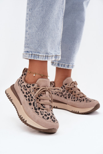 van suède opInarmen Sneakers model schoenen Dames met platform Vinceza 66836 met luipaardbontpatronen beige