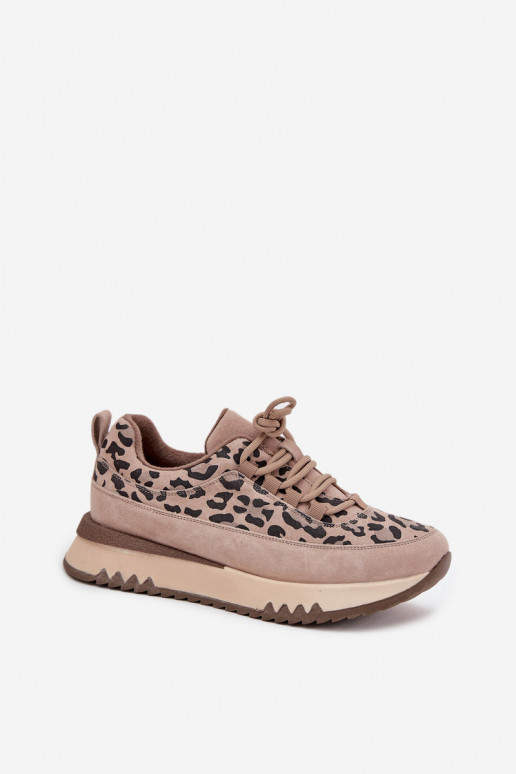 en daim réchauffer Chaussures modèle baskets Féminin avec une plateforme Vinceza 66836 avec des motifs en fourrure de léopard be