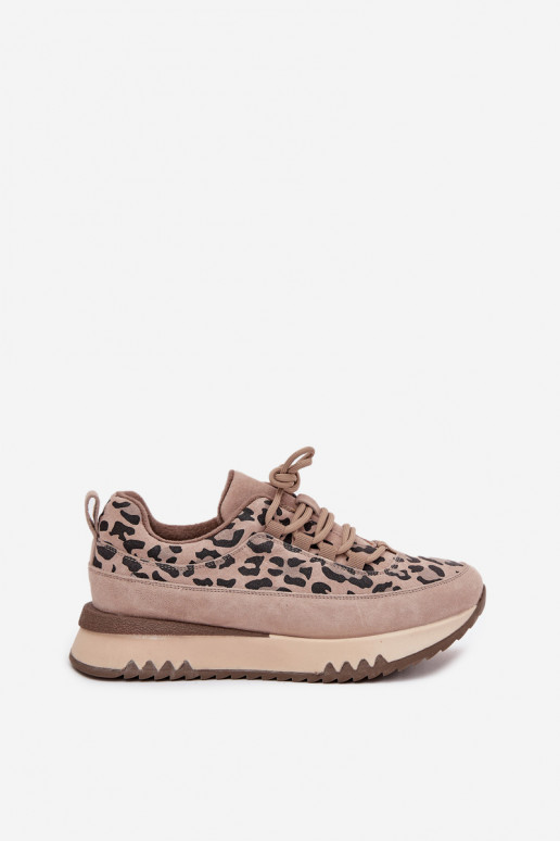 en daim réchauffer Chaussures modèle baskets Féminin avec une plateforme Vinceza 66836 avec des motifs en fourrure de léopard be