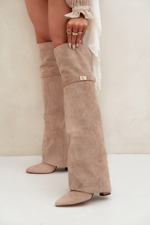 réchauffer bottesDANSyÀiniętą CholeÀką au-dessus du genou Obcas Słupek beige Serelle