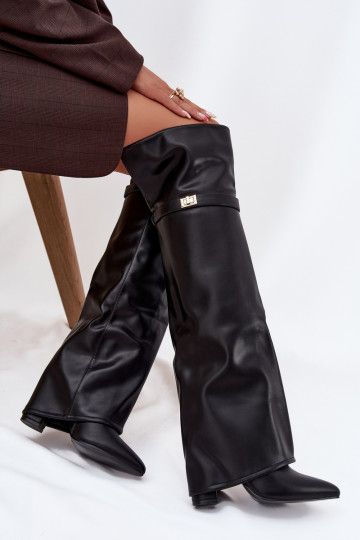 Bottes longues doublées avec tige cousue au-dessus du genou sur talon bloc, couleur noire Serelle