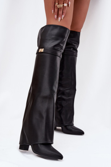 Wärmende lange Stiefel mit eingearbeitetem Schaft über dem Knie auf Pfennigabsatz, schwarz Serelle 2