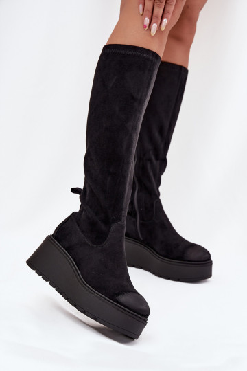 Bottes pour femmes, noires, jusqu'aux genoux, avec plateforme et compensés, Vinceza 58342 2