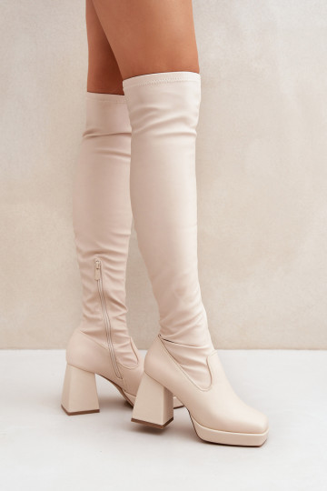 Ajustement serré bottes au-dessus du genou avec des talons couleur ivoire Sanniraen 2