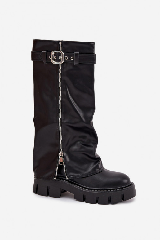 Bottes longues noires isolées avec choleika et boucles, et fermeture éclair argentée Armena