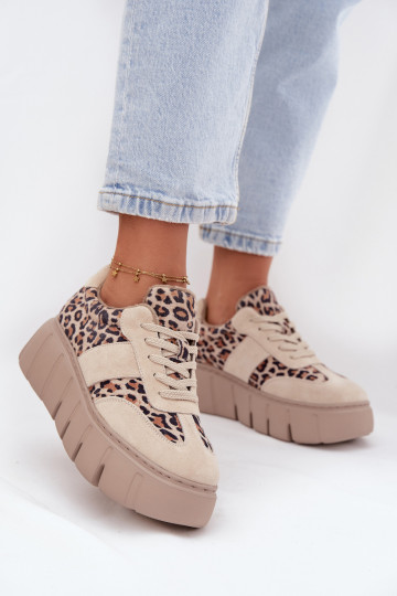 van suède opInarmen Sneakers model schoenen Dames met platform Vinceza 66841 met luipaardbontpatronen beige