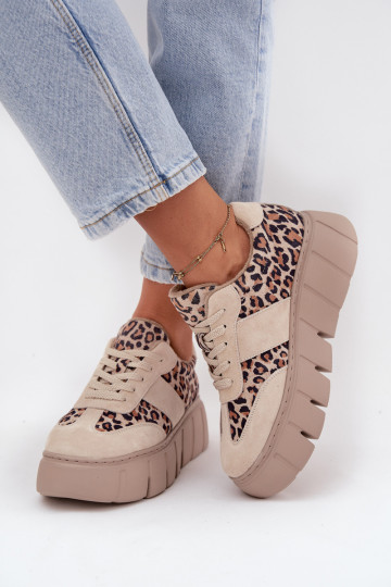 Beige gevoerde suède dames sportschoenen met platform en luipaardprint details Vinceza 66841 2