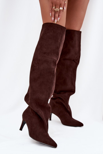Damen lange Stiefel mit dünnen Absätzen, Schlupfmodell, schokoladenfarben Tai turivilla 2