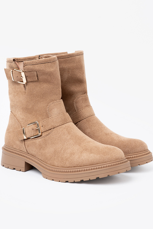 Karamellfarbe Schuhe z ozdobnymi goldenmi klamrami