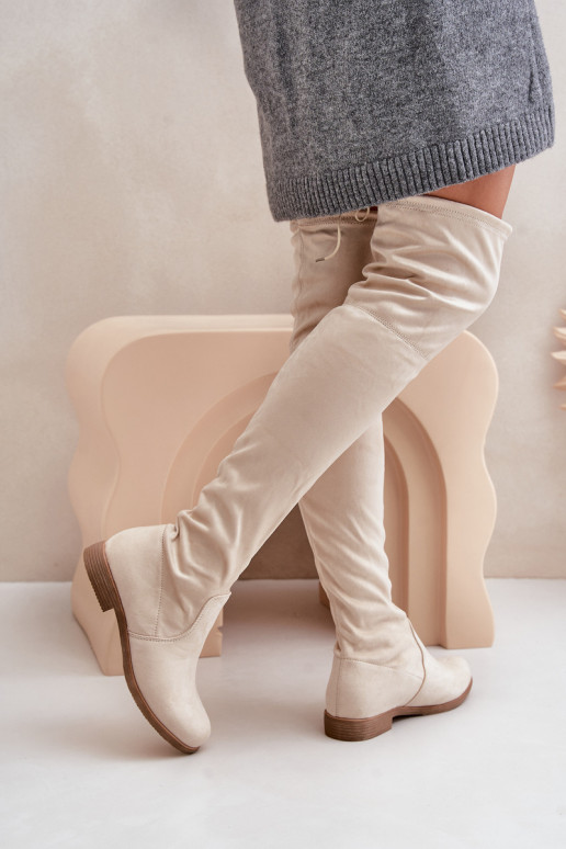 bottes avec des talons larges au-dessus du genouen daim écologiqueu beige Linnithia