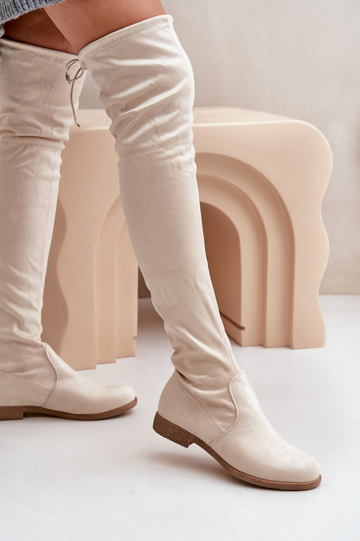 bottes avec des talons larges au-dessus du genouen daim écologiqueu beige Linnithia
