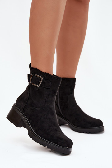 Schwarze warme Damen Stiefeletten mit niedrigem Absatz und Schnallen Helvina 2