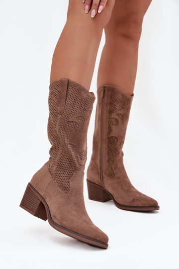 Bottes longues beiges de style cowboy pour femmes avec éléments ajourés et petits talons Olivette 2