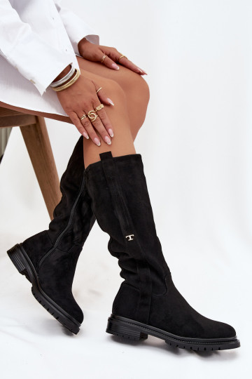 Bottes chaudes Activé płaskim Obcasie en daim écologiqueoÀe couleur noire Delyssa