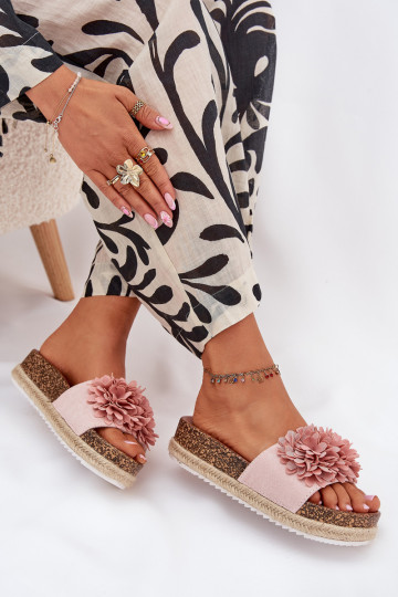 Damespantoffels met platform Met sierlijki met bloemmotievenkami roze Tessara