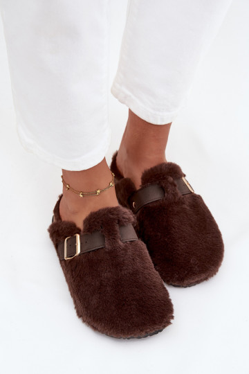 Pantoufles pour femmes avec fourrure, plateforme, lanières et boucles, couleur marron Noraline