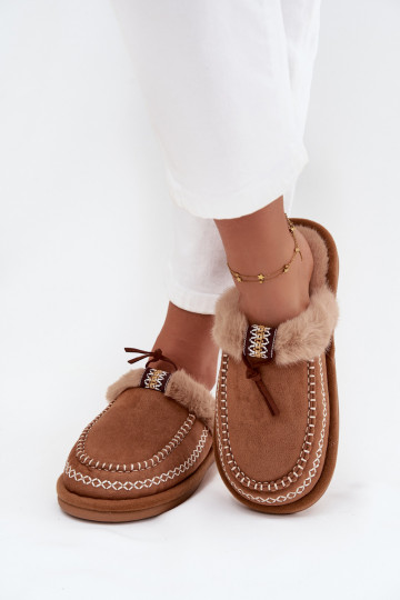 Slippers Dames met bont I Haftem bruine kleur Perivelle 2