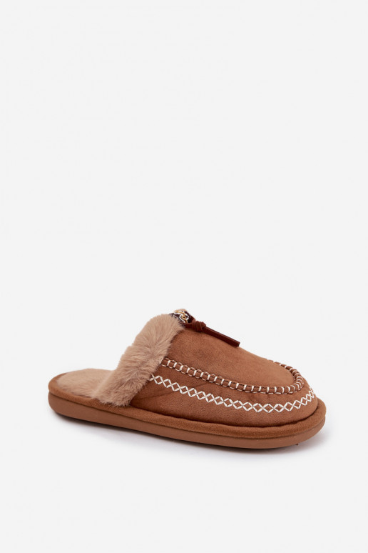 Slippers Dames met bont I Haftem bruine kleur Perivelle