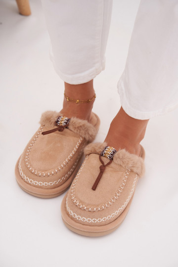 Slippers Dames met bont I Haftem beige Perivelle
