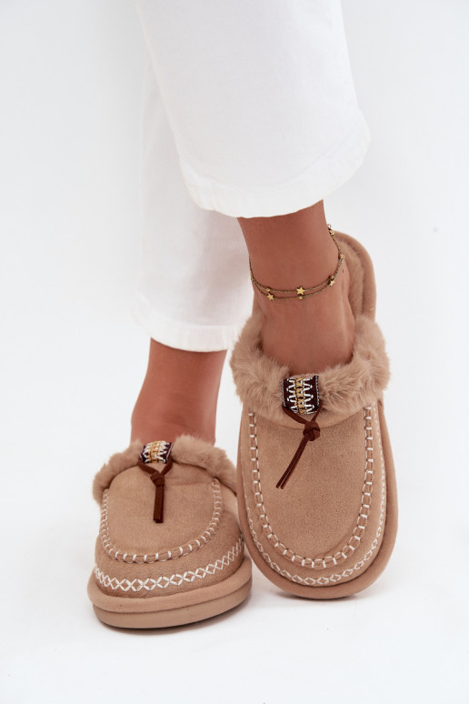 Slippers Dames met bont I Haftem beige Perivelle Slippers Dames met bont I Haftem beige Perivelle