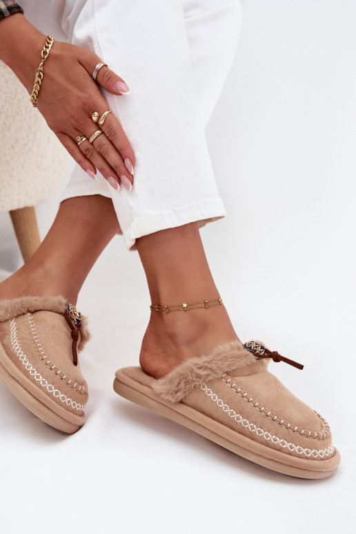 Slippers Dames met bont I Haftem beige Perivelle Slippers Dames met bont I Haftem beige Perivelle