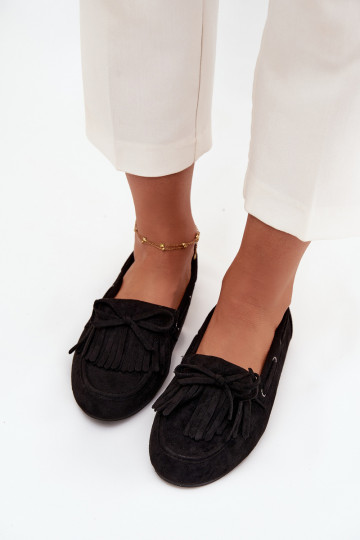 Dames mocassins met franjes en strik Olivianne zwarte kleur