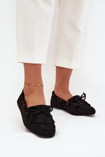Dames mocassins met franjes en strik Olivianne zwarte kleur 2