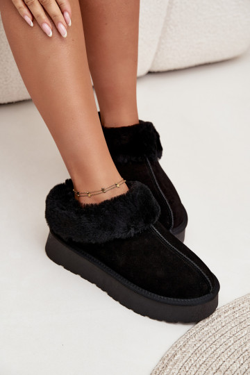 Peau en daim Bottes de neige Féminin avec un manteau de fourrure couleur noire Mivelle
