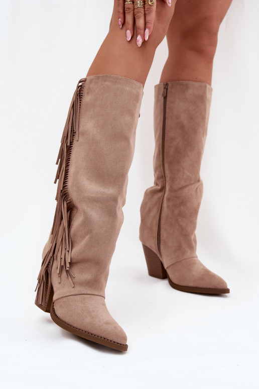Bottes longues pour femmes de style cowboy avec franges et talons couleur sable Tivara Bottes longues pour femmes de style cowboy avec franges et talons couleur sable Tivara