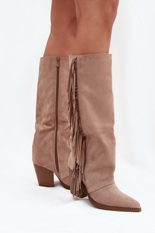 Bottes longues pour femmes de style cowboy avec franges et talons couleur sable Tivara Bottes longues pour femmes de style cowboy avec franges et talons couleur sable Tivara