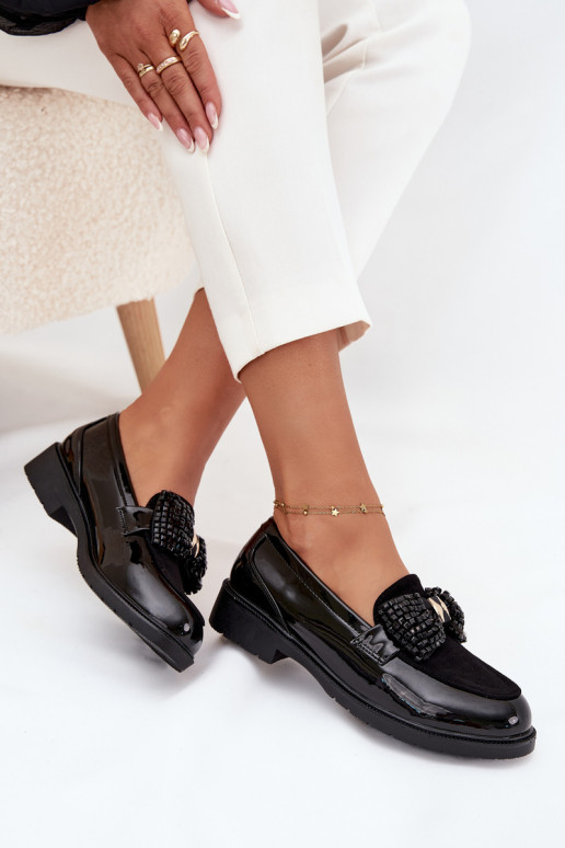 Gelakte mocassins Dames met strikjes S.Barski HY51-319 Zwarte kleur