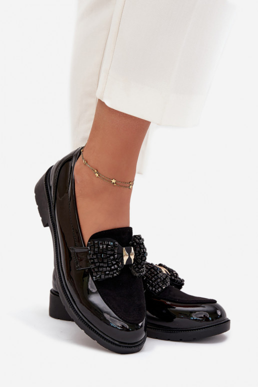 Gelakte mocassins Dames met strikjes S.Barski HY51-319 Zwarte kleur