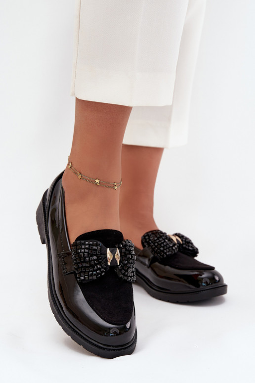 Gelakte mocassins Dames met strikjes S.Barski HY51-319 Zwarte kleur