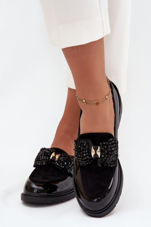 Mocassins vernis pour femmes avec nœuds S.Barski HY51-319 noires Mocassins vernis pour femmes avec nœuds S.Barski HY51-319 noires