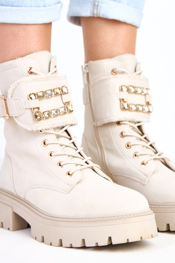 Beige warme Stiefeletten auf Plateausohle mit Steinen Dajana 2