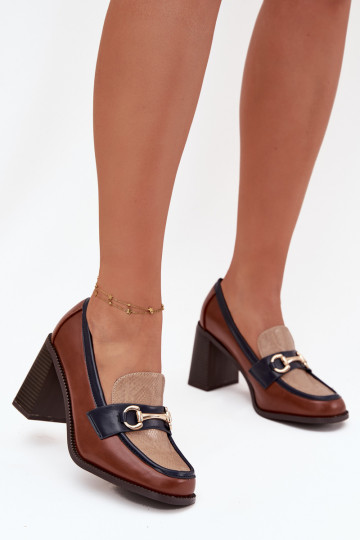 Schuhe Feminin mit Absätzen mit Aufdruck I goldene Farbem Detalem Beige-braune Farbe Novella